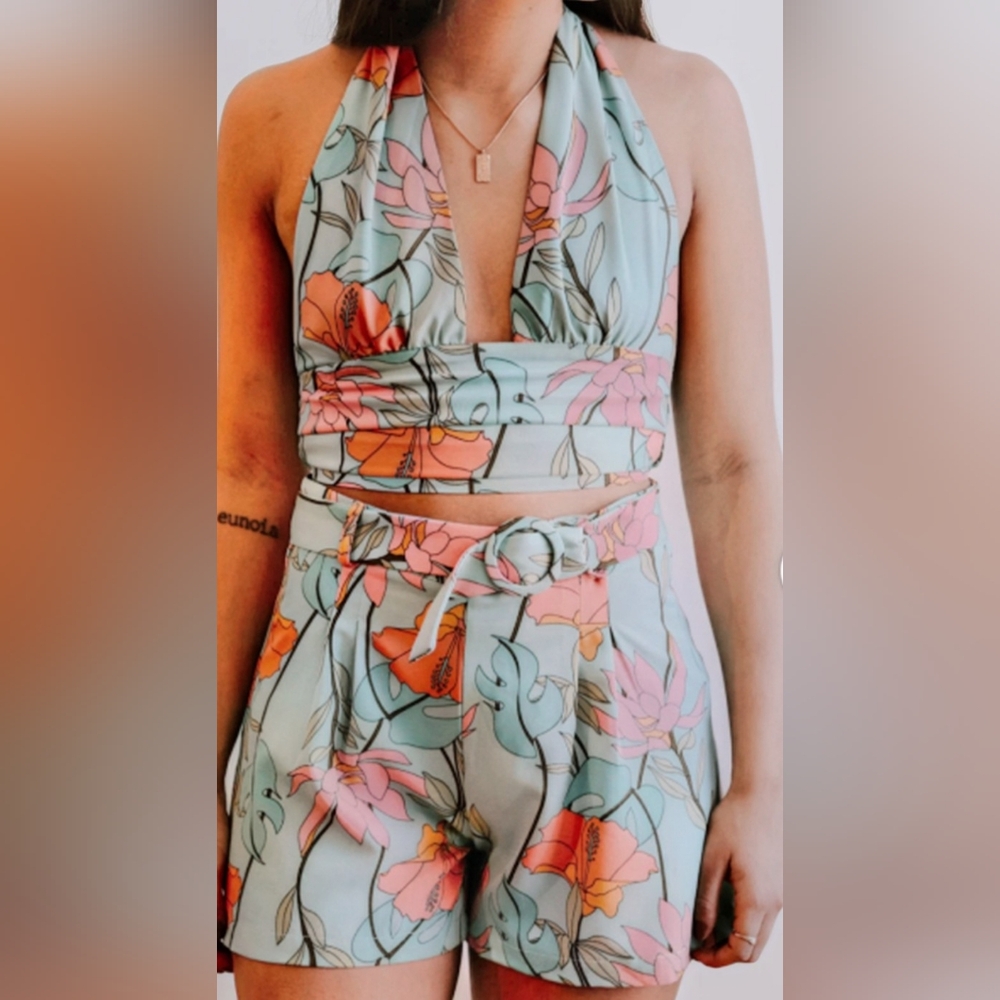 Molly Bracken Floral Halter Top And Shorts Set